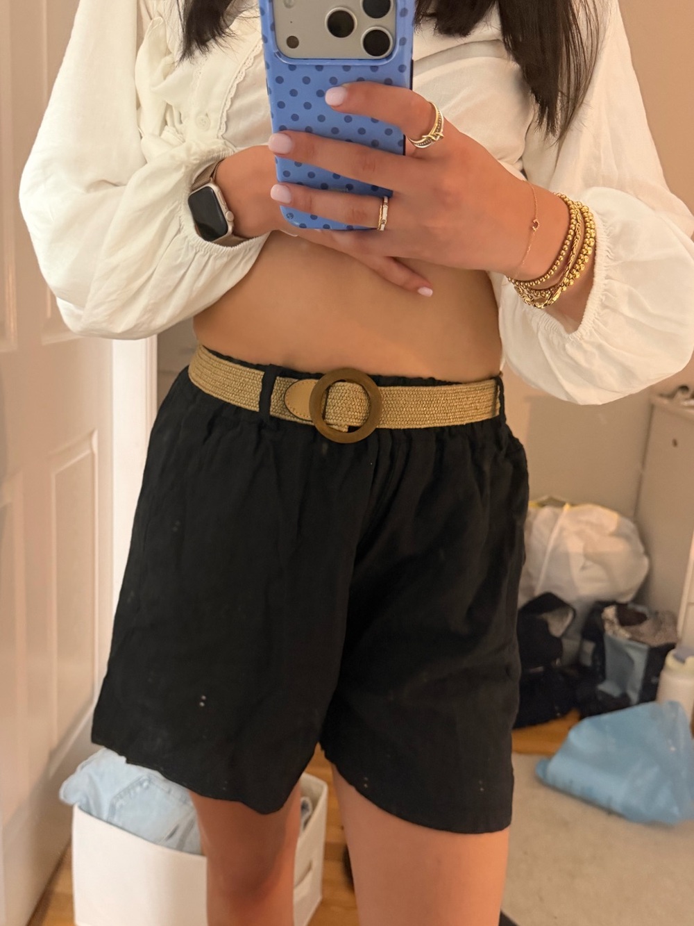 High-Waist Black Linen Blend Shorts with Woven Belt